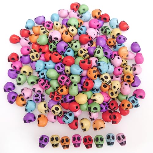 200+ Pieces 10x8mm Halloween Skull Beads for Jewelry Making Bracelets Necklaces Key Chains Colorful Acrylic Mixed Skeleton (Black on Colorful)