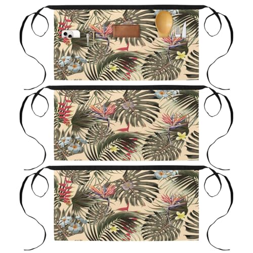 Tablier court de chef lot de 3 avec poches motif feuille de palmier pour cuisine et bistrot