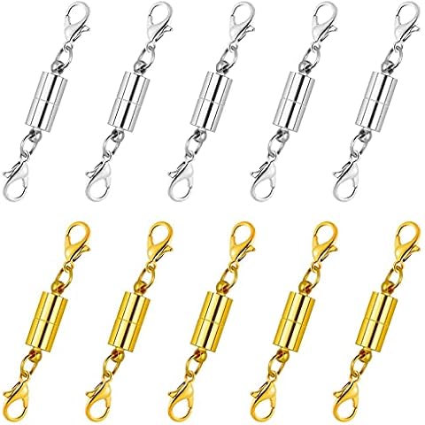 Magnetic Jewellery Clasp Chain Clasp 10 Pieces Closure Magnetic Chain Clasp Making Accessories for DIY Bracelets Cylindrical Lobster Clasp Bracelet Extender for Jewellery Making Silver and Golden Cover
