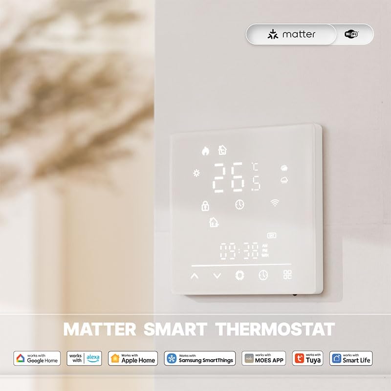 Inteligentny termostat WiFi, inteligentny chronotermostat do ogrzewania podłogi wodnej, kompatybilny z Apple Home, Google Assistant, Alexa, Samsung SmartThings, Tuya, Smart Life, biały