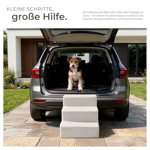 tectake® Hundetreppe oder Katzentreppe, Haustiertreppe, Einstiegshilfe mit waschbarem Bezug, extra Flache Treppenstufen, Tiertreppe für Sofa, Bett oder Auto (Sand, 37 x 45 x 34,5 cm, 3)