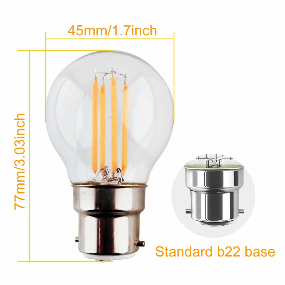 Jiotouhu B22 Bayonet LED Light Bulb, 40W Equivalent, 4W 400LM G45 Golf Ball Bulb BC Cap Classic Clear Glass Edison LED lamp - Image 2