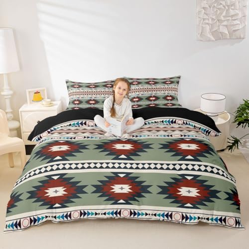 Loussiesd Juego de funda de edredón para todas las estaciones, diseño geométrico del suroeste, tamaño doble con 2 fundas de almohada, ropa de cama tradicional navajo para niños, decoración de