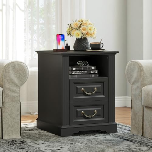 Image of RALGEND Farmhouse End Table with 2 Drawers, Nightstand with Charging Station, End Tables Living Room with LED Lights, Bedside Table for Bedroom, Living Room, Black