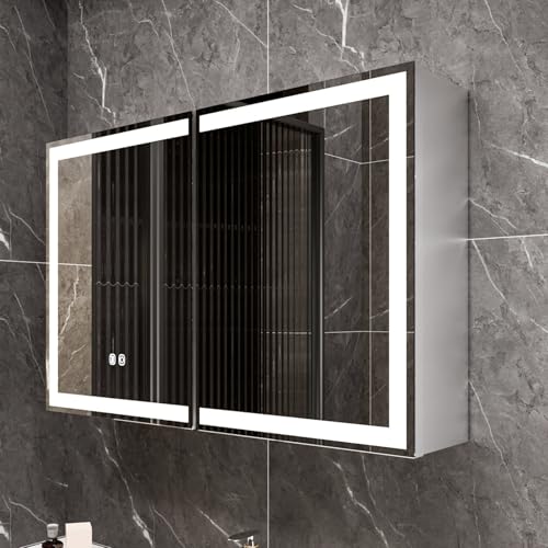 Gunuss Specchiera Bagno LED 80x60cm in Alluminio con Contenitore - Mobiletto a Doppia Anta con Cornice Satinata, Luce Regolabile 2700~6500K, Antiappannamento, Presa Integrata - Specchio Moderno