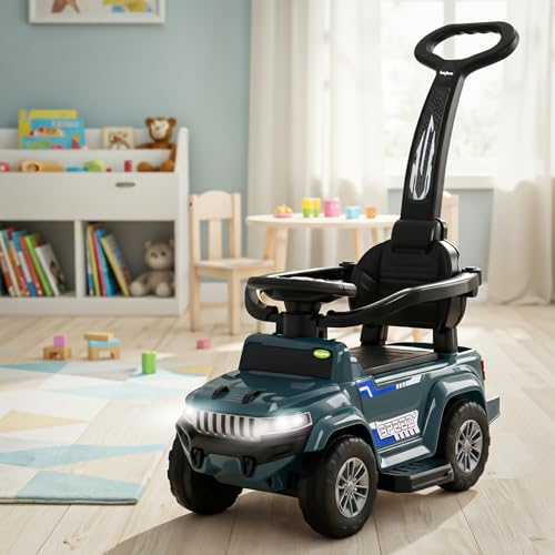 Image of Baybee Speedy Pro Baby Ride on Car for Kids with Parental Handle | Portable Kids Car with LED Lights, Music, Backrest & Basket | Toy Rideons Jeep | Toddler Push Baby Cars for 1 to 3 Years (Dark Blue)
