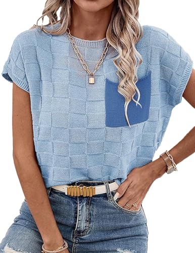Womens Oversized Cute Cap Sleeve Checkered Pocket Sweater Vest Fall 2024 Lightweight Contrast Knit Tank Tops
