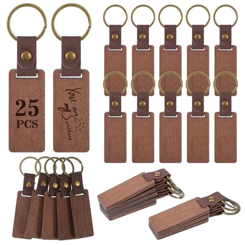 25 Pcs Leather Wood Keychain Blank, Wooden Keychain Blanks with Leather Strap, Unfinished Wooden Keychains for Laser Engraving, DIY Various Key Tags, Wood Crafts Gift
