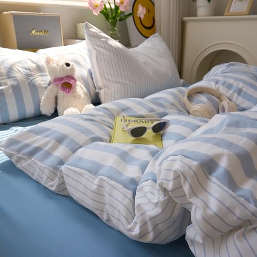 Image of VM VOUGEMARKET Blue Striped Duvet Cover Twin Size Kids Boys Simple Bedding Set Blue White Stripes Duvet Cover with 2 Pillowcases Soft Lightweight Microfiber Farmhouse Comforter Cover-68 x86