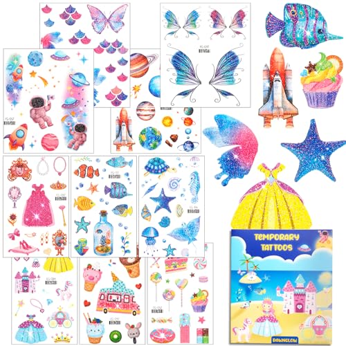 Dawnglow Tatuajes de princesas, 10 hojas de Tatuajes de Purpurina, Tatuajes de Dulces, Tatuajes del Océano, Tatuajes Espaciales, Tatuajes de Mariposas, Tatuajes para Niñas y Niños
