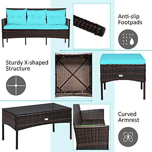 Tangkula 3 Pieces Patio Conversation Set, Outdoor Pe Rattan Wicker Furniture Set W/Cozy Cushions, All Weather Sectional Sofa Set W/Tempered Glass Coffee Table For Poolside, Backyard, Garden #TOP5