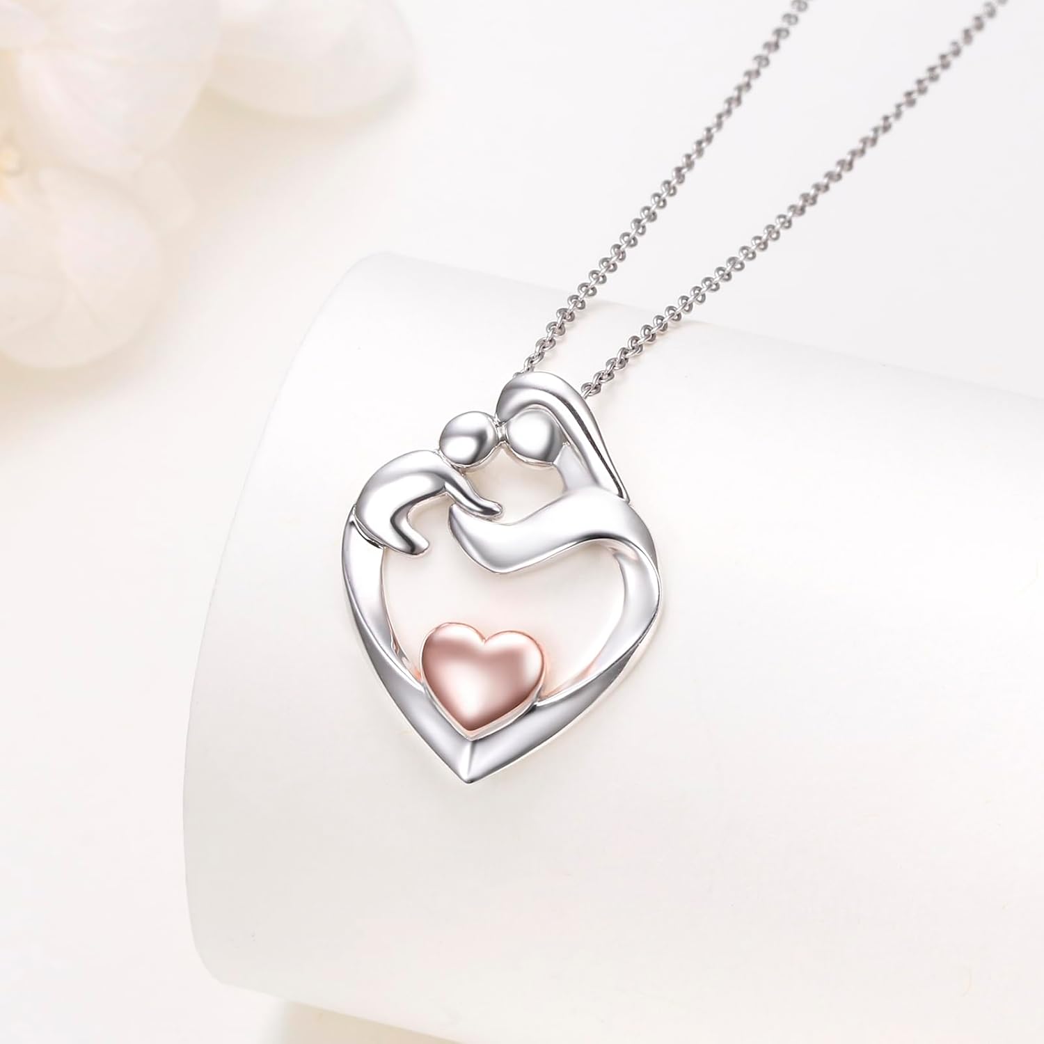 FLYOW Mothers Necklace 925 Sterling Silver Mother and Child Lab Opal Heart Pendant for Women Mother Daughter, Adjustable Hug Necklace New Mum Gifts - Image 5