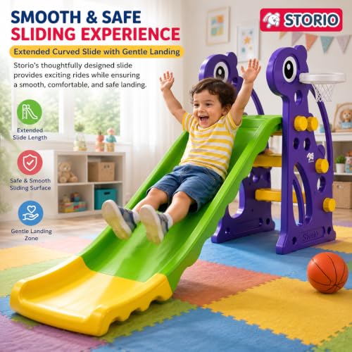 Image of Storio Giraffe Slide for Kids with Basketball Hoop | Indoor Outdoor Toddler Climber Playset for 2+ Years | Safe & Sturdy Plastic Garden Slide Toy for Boys & Girls - Green Purple Yellow