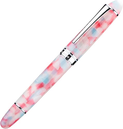 Miniatura 4 de Asvine P50 - Pluma estilográfica de pistón de resina de mármol rojo, punta extra fina con borde plateado, colección de escritor suave con estuche de