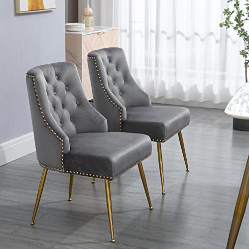 Zjhome Velvet Dining Room Chairs Set Of 4, Mid-Back Modern Accent Chair, Upholstered Button-Tufted Armless Chairs With Golden Metal Legs For Living Room Kitchen Dining Room, (Gray) #TOP5
