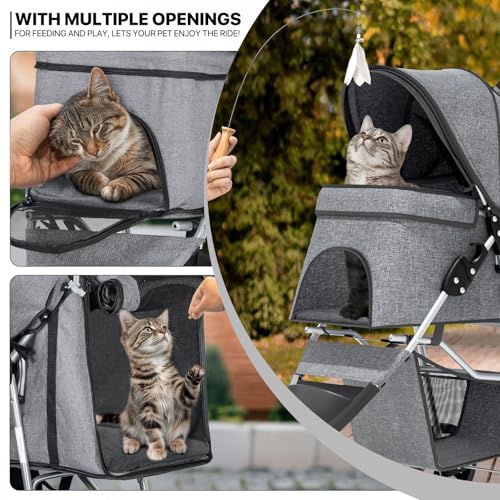 Image of MoNiBloom 3 Wheels Pet Dog Cat Stroller for Small Medium Dogs and Cats, Lightweight Foldable Jogger Stroller w /Storage Basket and Cup Holder, Gray