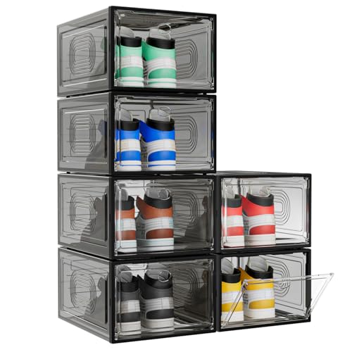 Image of caktraie 6 Pack Thicken Shoe Organizer Stackable,Upgraded Sturdy Shoe Storage Box with Magnetic Door,Shoe Containers For Sneaker Display,Hat Organizer,Black