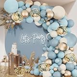 Dusty Blue Balloon Arch Kit, Light Blue Metallic Gold Conftti Sand White