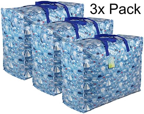 Storage Bags Water & Dust Resistant. Double zipped storage bags for toys, laundry, bedding. Underbed Wardrobe Space Saver Blue Seaside print (65 ltr 3x Pack)
