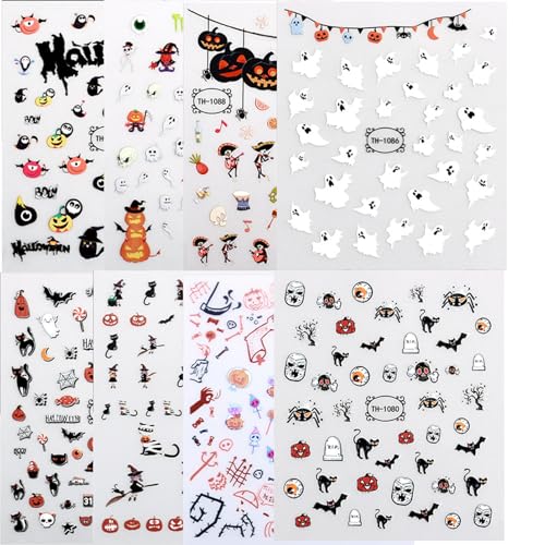 8 Sheets Halloween Glow in The Dark Nail Art Stickers Nail Wraps Gel Stickers Decals Self Adhesive Spider Web Pumpkin Bat Ghost Witch Luminous Supplies Nail Art Design Decoration Accessories