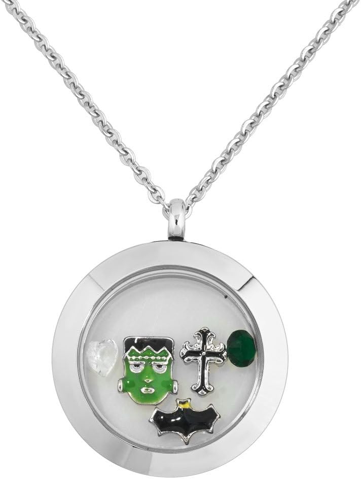 Happy Halloween Skull Cross Bat Floating Charms in Living Memory Glass Locket Necklaces