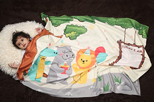 Image of NEW COMERS Milestone Cotton Baby Blanket & Props for Monthly Photoshoot, New Born Babies Soft Swaddle with 1-12 Month Cards, Ac Room Blanket for Summer /Winter /Multiuse, TC(150 /300) 135x115 cm - 407