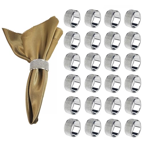 Silver Diamond Napkin Rings Set, Rhinestone Napkin Holder for Dining, Table Decorations,Wedding,Bling Cloth Holder Full of Crushed Diamond,Party of Table Setting Home Decor(24)