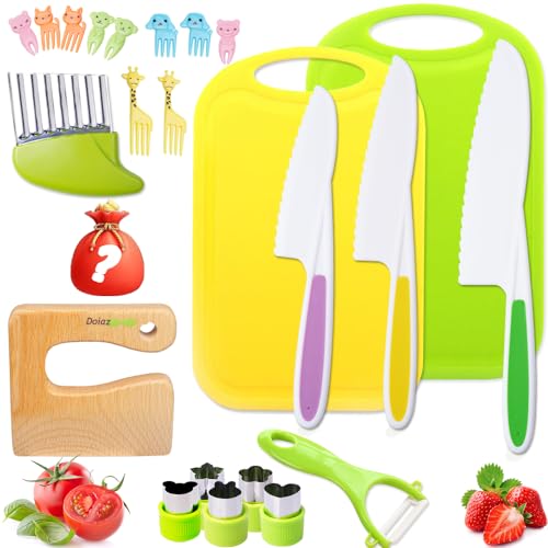 Kids Knife Proof Kitchen Tools - Toddlers Real Cooking Sets with Safe Knives, Plastic Toddler Safe Knife, Fruit & Vegetable Crinkle Cutter, Kids Cutting Board