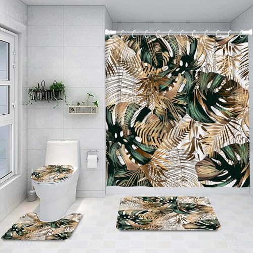 Ansouyi 4Pcs Bathroom Shower Curtain Sets with Non-Slip Rugs, Toilet