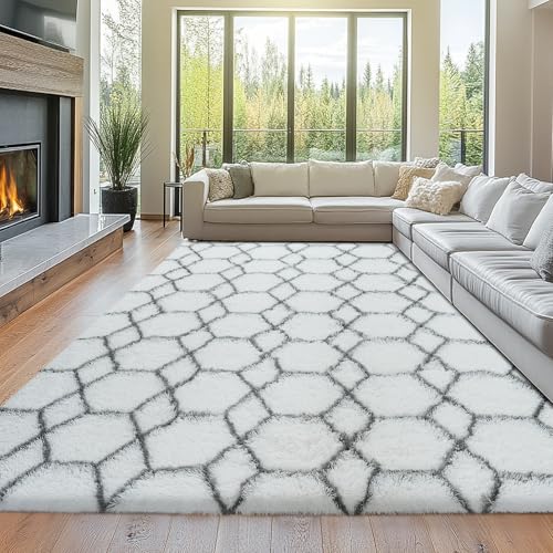 Fluffy Area Rugs for Living Room: 8x10 White and Grey Geometric Carpet