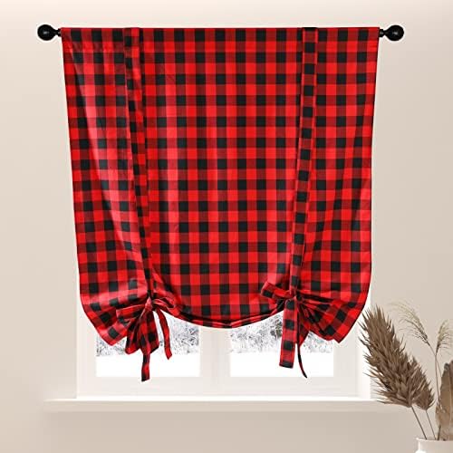 Buffalo Check Tier Curtains With Pom-Poms - 36 Inch Rod Pocket, Red/Black Plaid, Farmhouse Cafe Style