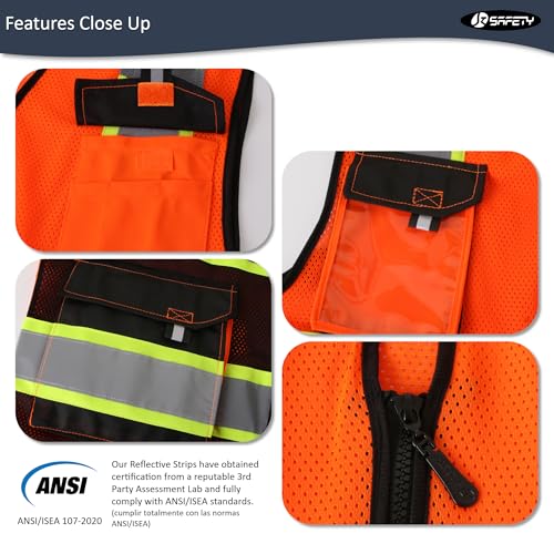 Image of JKSafety Hi Vis Reflective Safety Vests for Men Women High Visibility Vest with Pockets Mesh Fabric Construction Safety Apparel Neon Vest for Work (220-OBlack S)