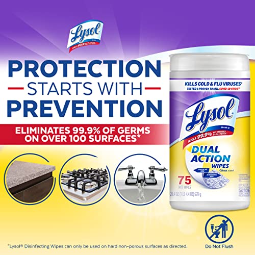 Lysol Dual Action Antibacterial Wipes, Citrus Scent, 75ct - Multi-Surface Disinfecting and Cleaning