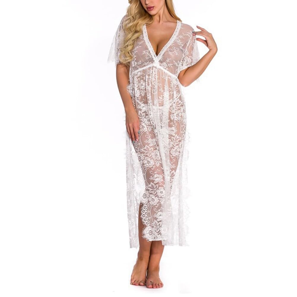 iSpchen Lingerie Sexy Longue Déshabillé Robe en Dentelle Transparente Vêtements de Nuit Col en V Lingerie Chemise de Nuit pour Femmes Nuits de Mariage Lune de Miel Lingerie Fête