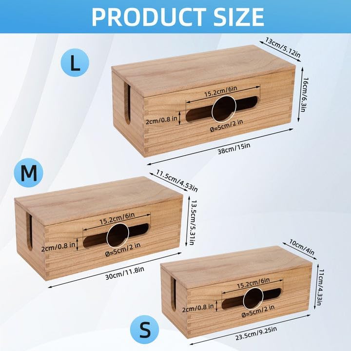 Miniatura 3 de Juego de 3 cajas de madera para organizar cables, caja de almacenamiento para ocultar cables y cables para organización de escritorio, caja