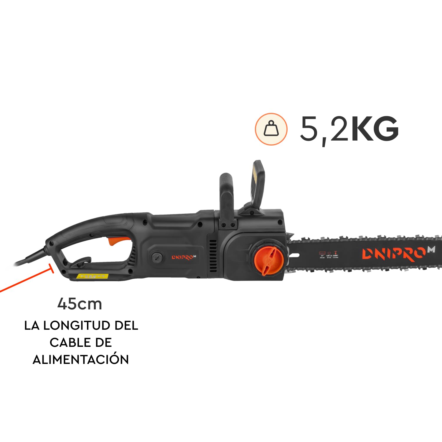 Motosierra Eléctrica 2400W Espada 40cm, para Poda, Corte de Troncos y Leña, Tensor de Cadena Sin Herramientas, Lubricación Automática, Arranque Suave, Freno de Cadena. DSE-24DS