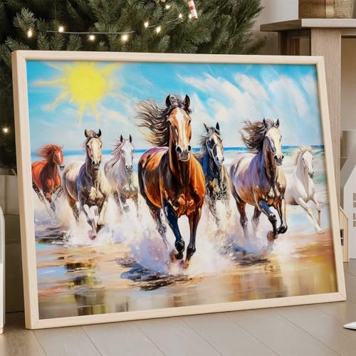 Image of HOTHOUSE Seven Running Vastu Lucky Horse Rising Sun Painting Wall Decor | 7 Horses Vastu Frame Wall Art Painting for Living Room Bedroom Office Home Decor Size (13X17 inch)