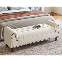 59" End of Bed Storage Bench with Flip-Top, Upholstered Bedroom Bench with Hidden Storage, Rolled Arm Chenille Ottoman Seating for Entryway, Living Room-White