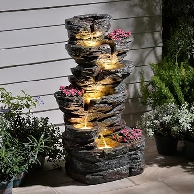 Pivotify 32.7’’H 6-Tier Rock Water Fountain Outdoor Cascading Waterfall Fountain with 3 Plant Nooks and LED Lights, Outdoor Water Fountain for Garden, Patio, Porch & Yard Decor