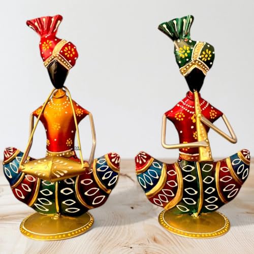Image of Rajasthani Musician Figurines Set of 2 | Handcrafted Metal Showpiece | 5 x 2 x 9 Inch | Traditional Home Decoration Items for Living Room | Ethnic Table Decor & Gift Item