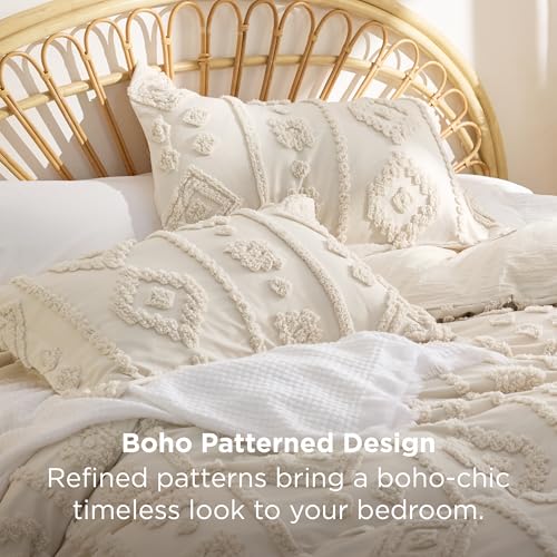 Image of Bedsure Boho Tufted Beige Comforter Set Queen Size, GentleSoft 3 Pieces Boho Farmhouse-Style Decor Bedding, Exquisite Bedding for All Seasons, 1 Bed Comforter, 2 Pillow Shams, 90x90 Inches