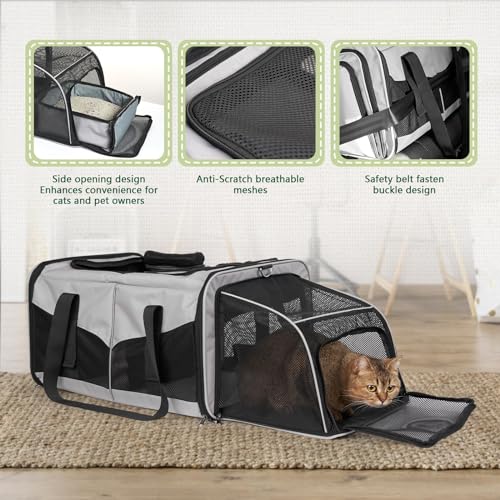 LitaiL Katzentransportbox für 2 Katzen, Faltbare Erweiterbare Katzentransporttasche mit 2 Klappkatzenklos & Trennwand, Atmungsaktive Katzentasche für Auto Reise, Bis 7kg Belastbar