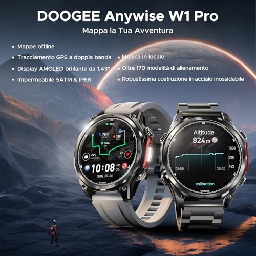 DOOGEE Orologi Anywise W1 Pro Smartwatch uomo,GPS Dual-Band & Mappe Offline, 5 ATM, 18 Giorni Autonomia, Display AMOLED HD 1,43", 170+ Modalità Sport,Chiamate Bluetooth,Compatibile con Android/iOS