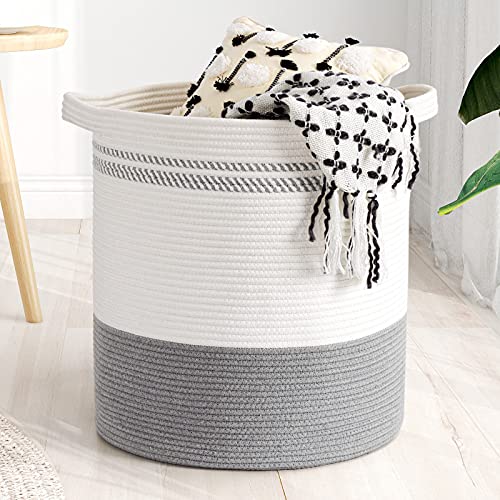 INDRESSME Large Cotton Rope Basket Woven Basket Blanket Storage Basket Laundry Basket Clothes Hamper Toy Basket, 18.1'' Ã—16.1''