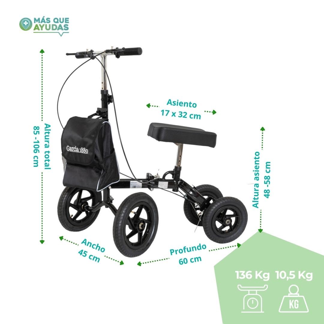 Patinete de Rodilla Todoterreno con Ruedas XL, Cesta Extraíble, Frenos Dobles y Manillar Ajustable, Recuperación de Lesiones en Tobillo y Pie, Peso Máximo 136 Kg