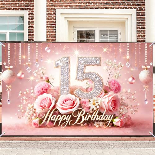 Image of Nuxovilar 15th Birthday Banner - Elegant Pink & Gold Floral Backdrop