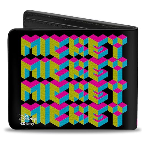 Buckle-Down Men's Disney Wallet, Bifold, CMYK Mickey Mouse Walking Pose Pixel Text Black Multi Neon, Vegan Leather, Multicolor, Standard Size2