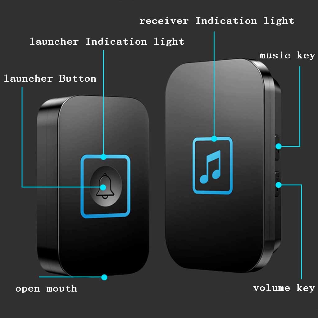 Timbres inalámbricos Timbre inalámbrico Pack de 2 Trans 6 receptores Impermeable 60 melodías LED 300M Multicolor(Black)