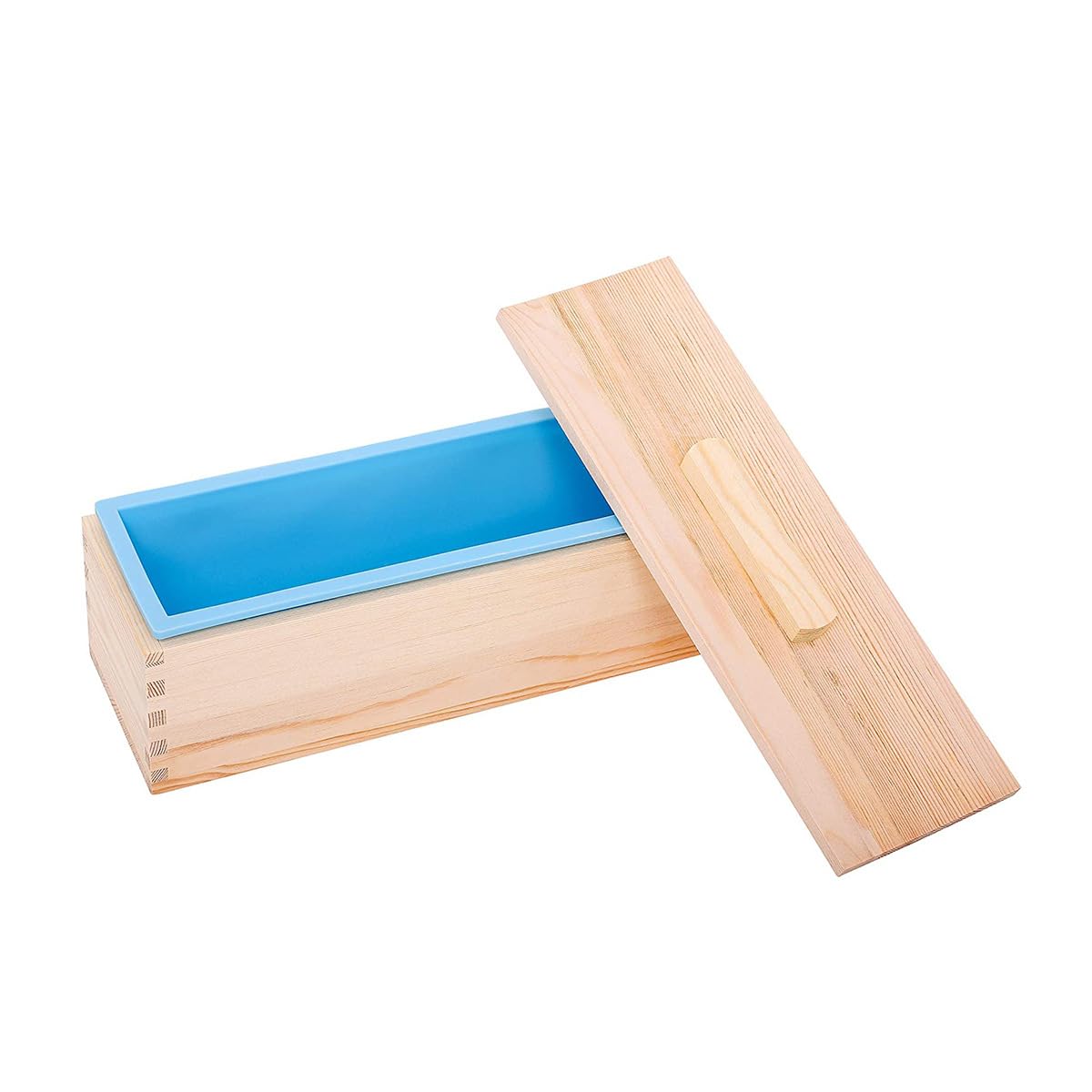 Kit de moldes de jabón de silicona, molde rectangular flexible de 2.6 libras con caja de madera y tablas divisoras acrílicas, cortador ondulado y recto para hacer remolinos