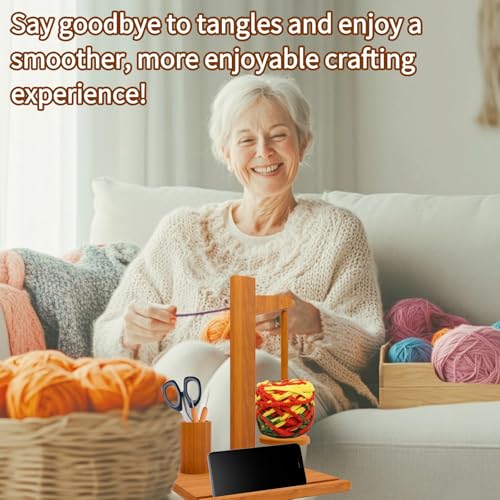 Image of Wooden Yarn Holder with Phone Stand for Crocheting and Knitting,Spindle and Yarn Holder Spinner for Easy Spinning Crochet Holder and Organizer Ideal Gift for Craft Lovers
